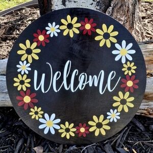 Daisy Welcome Sign Painted Door Round Wreath Fall Summer Porch Sign Wall Hanging